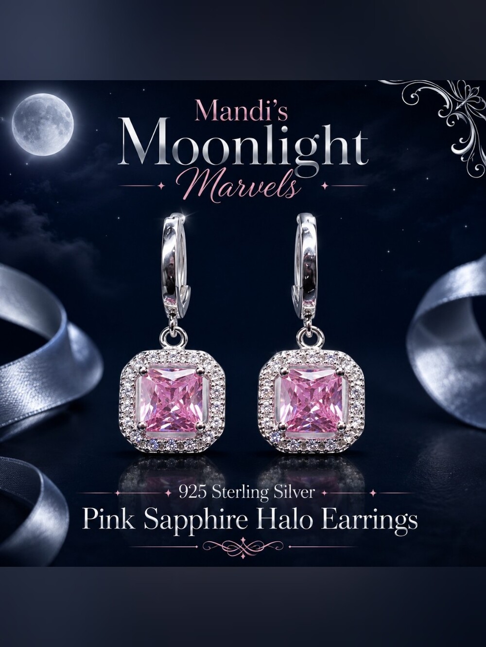 925 Sterling Silver Pink Sapphire Halo Drop Earrings